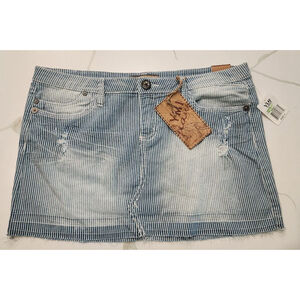YMI Jeans Blue White Railroad Pinstripe Distressed Denim Mini Skirt Size 11 NWT
